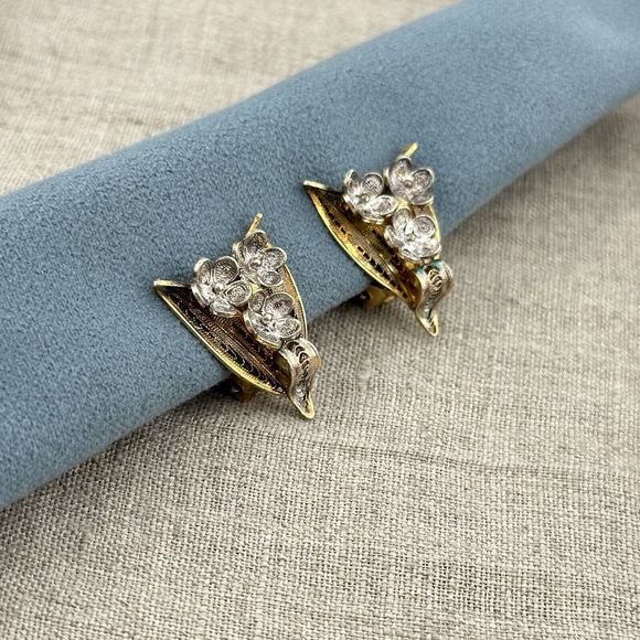 Vintage Vermeil Filigree Flowers Clip On Earrings Silver Gold Cannetille 7/8" L - Picture 4 of 15
